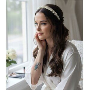 Double Row Pearl Bridal Headband w/ A Twist ✦ White & Gold ✦ Clustered Accents
